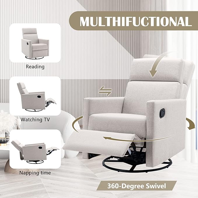 Merax Modern Modern Soft Linen Swivel Push Back Rocker Recliner w/Headsupport Adjustable Nursery Glider Chair for Living Room, Bedroom Tan