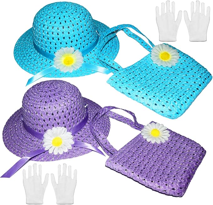 Vegove 6 Pcs Girls Tea Party Straw Hats Country Girl Dress Up with Purse, Gloves & Kits, Children's Summer Beach & Garden Birthday Party Supplies
