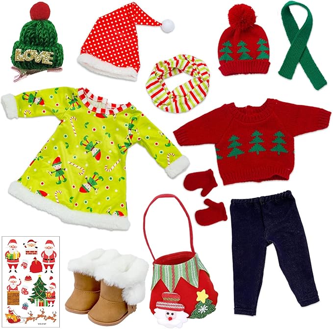 UNICORN ELEMENT 2 Sets Christmas Doll Clothes and Accessories Fit 18 Inch Girl Doll Christmas Santa Costume Including Christmas Dress, Sweater, Hairpin, Hat, Scarf, Boots, etc