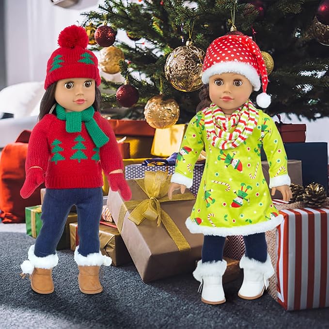 UNICORN ELEMENT 2 Sets Christmas Doll Clothes and Accessories Fit 18 Inch Girl Doll Christmas Santa Costume Including Christmas Dress, Sweater, Hairpin, Hat, Scarf, Boots, etc