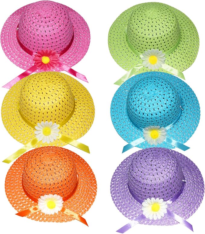 Vegove 6 Pcs Girls Tea Party Straw Hats Country Girl Dress Up with Purse, Gloves & Kits, Children's Summer Beach & Garden Birthday Party Supplies