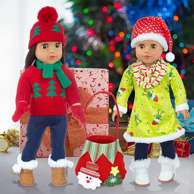 UNICORN ELEMENT 2 Sets Christmas Doll Clothes and Accessories Fit 18 Inch Girl Doll Christmas Santa Costume Including Christmas Dress, Sweater, Hairpin, Hat, Scarf, Boots, etc
