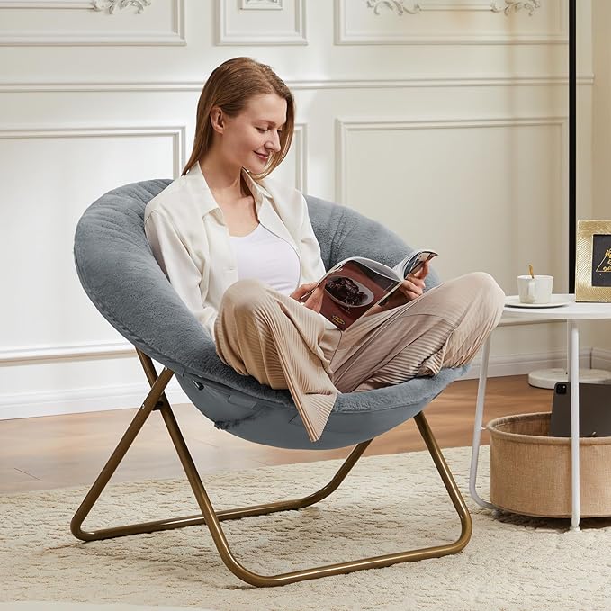 DUMOS Comfy Saucer Chairs, Faux Fur Lounge Bedroom Living Room Flexible Folding Seating for Kids Adults Soft Padded Metal Frame Modern for Home Office Grey