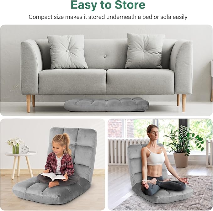 YSSOA Floor Chair Folding with Back Support Convertible Comfy Chair Memory Foam Padded Sleeper Recliner Sofa Chair Gaming Chair Floor for Bedroom Working Meditation Reading Adults Kids Grey