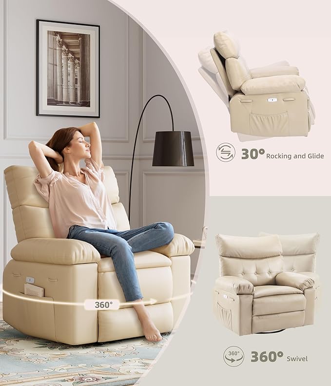 Electric Recliner Chair - 360° Rocker Swivel Recliner with Heat and Massage, PU Leather Large Recliner for Adults, Comfortable Lazy Chair with 1.5X Sponge Filling