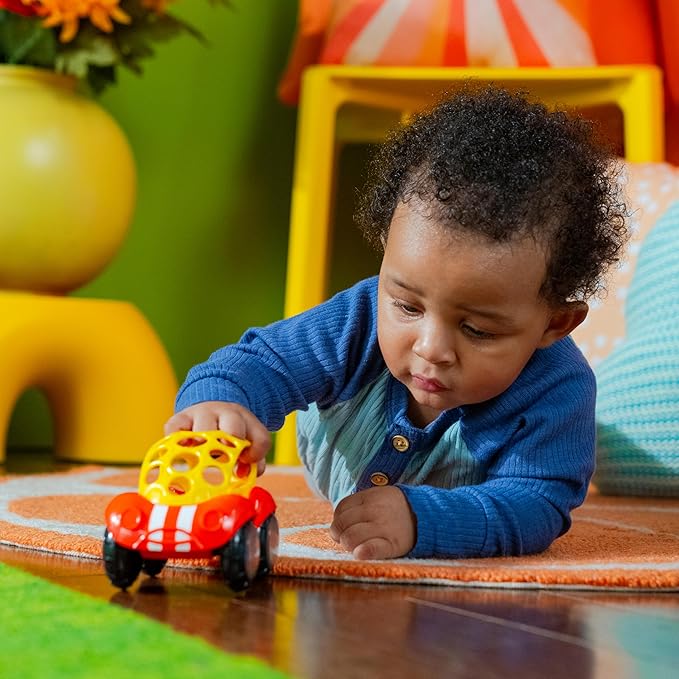 Bright Starts Oball Easy Grasp Rattle & Roll Buggie BPA-Free Push Car Infant Crawling Toy, 1 Pack, Age 3 Months and up, Red/Yellow