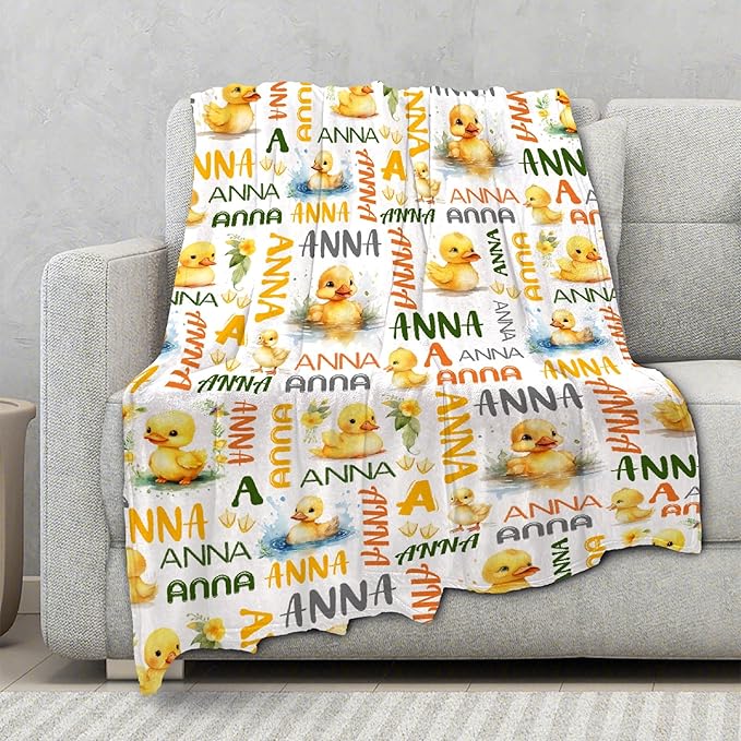 Custom Name Duck Blanket for Girls Adult duck Blanket Kids Funny Blanket Suitable for bedroom bed sofa Crib Couch Chair outdoor All Season Items That Yellow Duck Lovers Will Love 90”×120 ”for Family