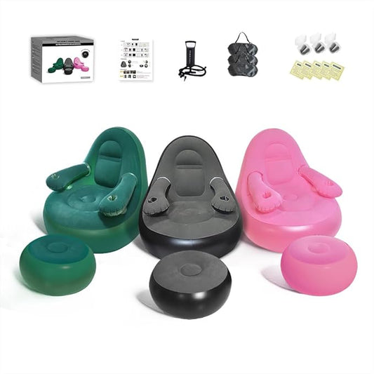 Set of 3 Inflatable Armrest Lounge Chair with Ottoman,Hand Pump,Eye Mask,Earplugs-Portable Blow Up Sofa, Air Chaise Lounge, Ideal Lazy Couch Set for Family Movie Night,Gaming,Party,Camping,Garden……