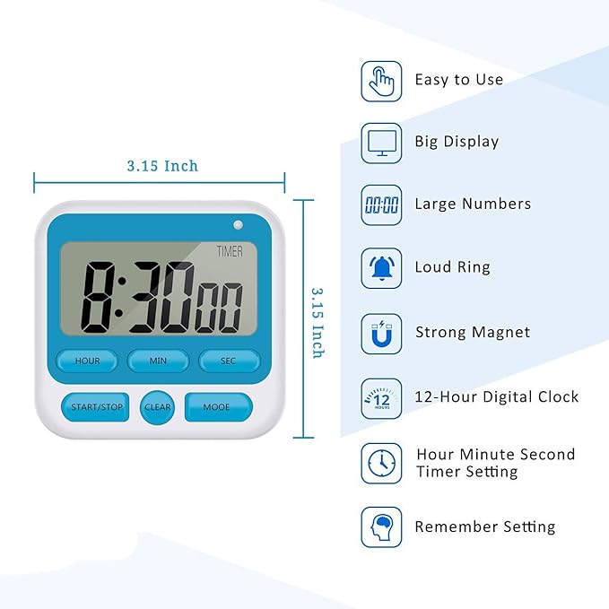 24-Hours Digital Kitchen Timer, Upgraded 12-Hour Display Clock, Big Digits, Loud Alarm, Magnetic Backing Stand, Count-Up & Count Down, Kids Timers for Cooking Baking Classroom Teachers Games(4 Pack)
