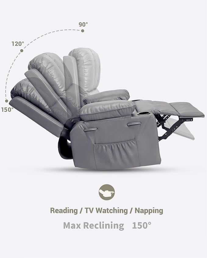 22'' Leather Recliner Chair for Adults, Overstuffed Manual Recliner Chair, Single Sofa with Cup Holder and Side Pockets, Upholstered Chair for Living Rooms, Gray