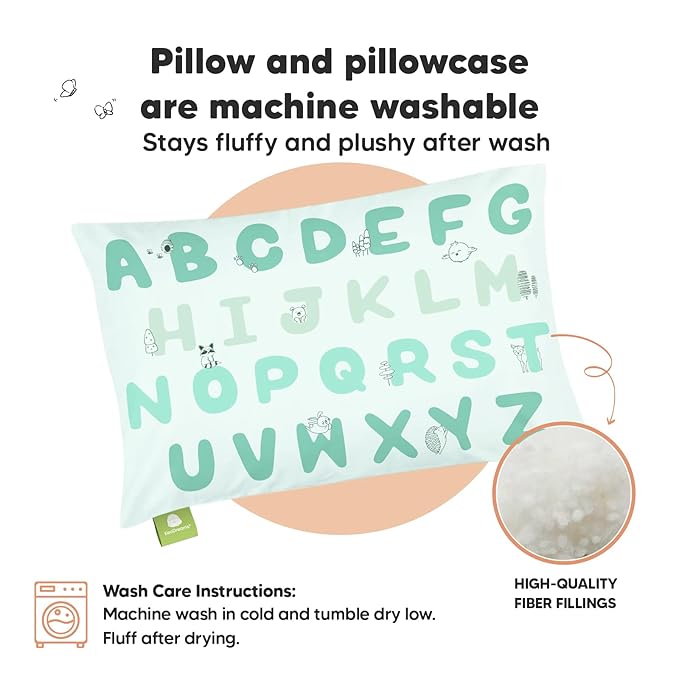 Toddler Pillow with Pillowcase - 13x18 My Little Dreamy Pillow, Organic Cotton Toddler Pillows for Sleeping, Kids Pillow, Travel Pillows, Mini Pillow, Nursery Pillow, Toddler Bed Pillow (KeaABC Mint)