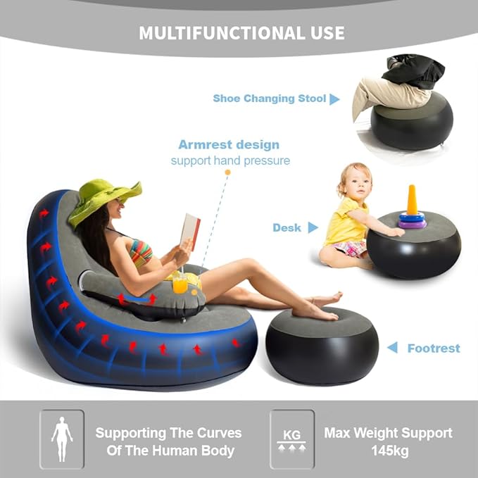 Set of 2 Inflatable Armrest Lounge Chair with Ottoman,Hand Pump,Eye Mask,Earplugs-Portable Blow Up Sofa,Air Chaise Lounge,Ideal Loveseat Set for Family Movie Night,Couple,Gaming,Party,Camping,Garden