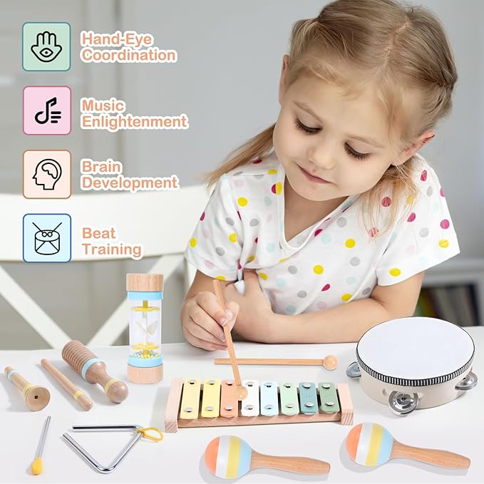 Wooden Montessori Musical Instruments Set for Toddlers 1-3, Preschool Educational Music Toys for Boys Girls, Percussion Instruments Toy with Storage Bag