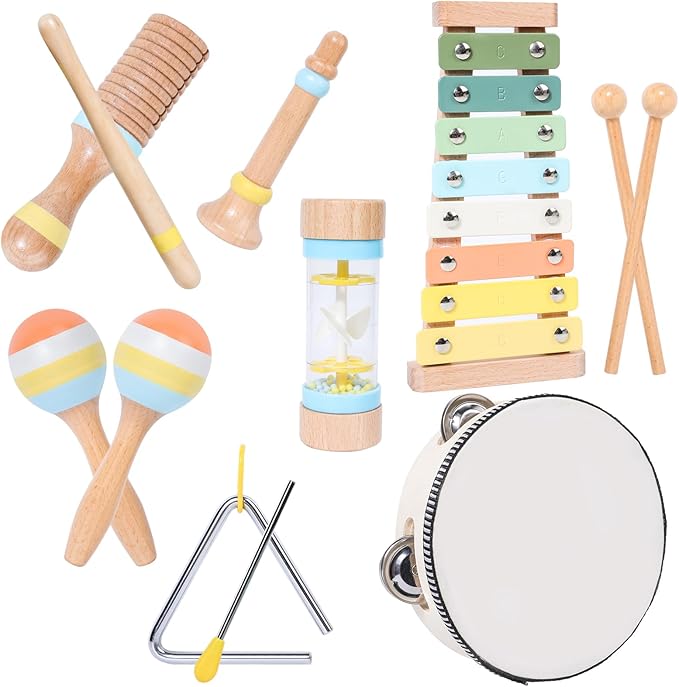 Wooden Montessori Musical Instruments Set for Toddlers 1-3, Preschool Educational Music Toys for Boys Girls, Percussion Instruments Toy with Storage Bag