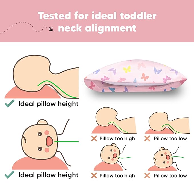 Toddler Pillow with Pillowcase - 13x18 My Little Dreamy Pillow, Organic Cotton Toddler Pillows for Sleeping, Kids Pillow, Travel Pillows, Mini Pillow, Nursery Pillow, Toddler Bed Pillow (Flutter)