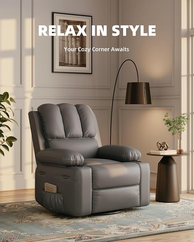 22'' Leather Recliner Chair for Adults, Overstuffed Manual Recliner Chair, Single Sofa with Cup Holder and Side Pockets, Upholstered Chair for Living Rooms, Gray