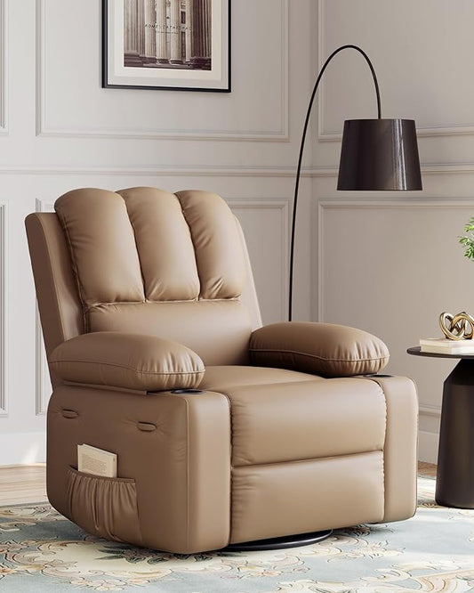 22'' Leather Recliner Chair for Adults, Overstuffed Manual Recliner Chair, Single Sofa with Cup Holder and Side Pockets, Upholstered Chair for Living Rooms, Tan