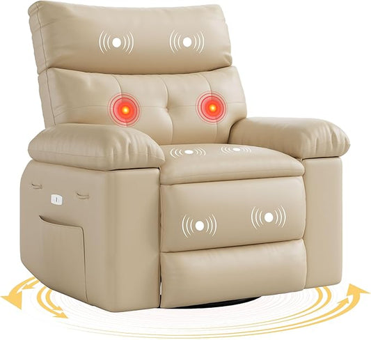 Electric Recliner Chair - 360° Rocker Swivel Recliner with Heat and Massage, PU Leather Large Recliner for Adults, Comfortable Lazy Chair with 1.5X Sponge Filling