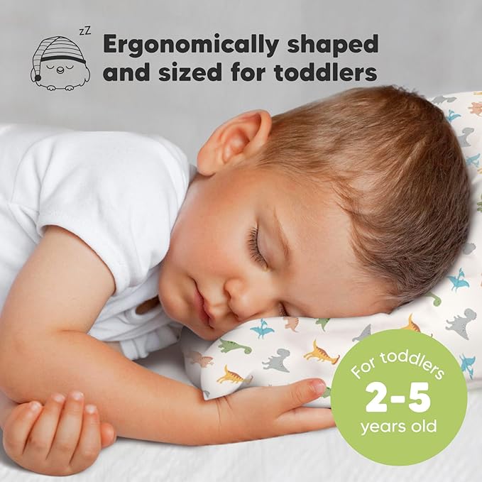 Toddler Pillow with Pillowcase - 13x18 My Little Dreamy Pillow, Organic Cotton Toddler Pillows for Sleeping, Kids Pillow, Travel Pillows, Mini Pillow, Nursery Pillow, Toddler Bed Pillow (Roarsome)