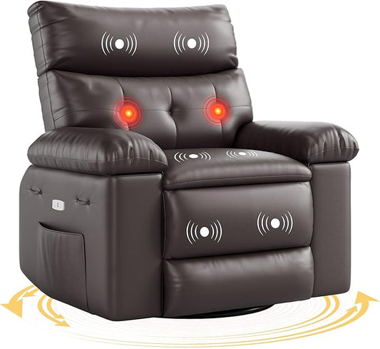 Electric Recliner Chair - 360° Rocker Swivel Recliner with Heat and Massage, PU Leather Large Recliner for Adults, Comfortable Lazy Chair with 1.5X Sponge Filling for Living Room