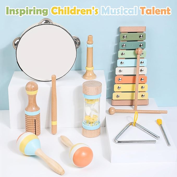 Wooden Montessori Musical Instruments Set for Toddlers 1-3, Preschool Educational Music Toys for Boys Girls, Percussion Instruments Toy with Storage Bag
