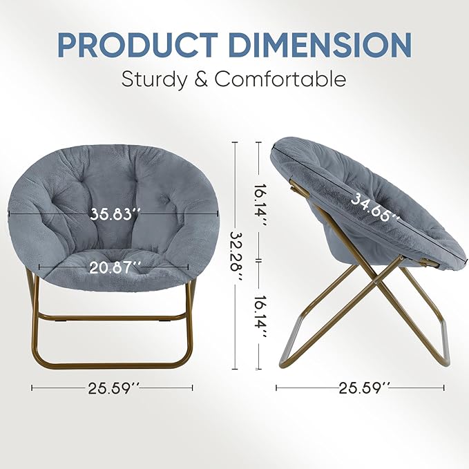 DUMOS Comfy Saucer Chairs, Faux Fur Lounge Bedroom Living Room Flexible Folding Seating for Kids Adults Soft Padded Metal Frame Modern for Home Office Grey