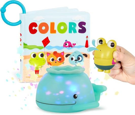B. toys – Animal Bath Toys – Waterproof Bath Book – Light-up Whale & Color Changing Frog Squirt – Bath time Playset – 6 Months + – Glow & Splash, Tub Time Book