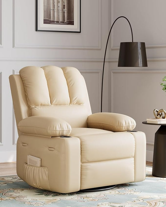 22'' Leather Recliner Chair for Adults, Overstuffed Manual Recliner Chair, Single Sofa with Cup Holder and Side Pockets, Upholstered Chair for Living Rooms, Creamy