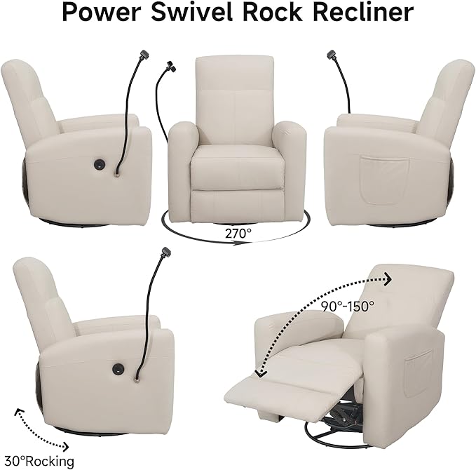 Power Swivel Glider Chair Nursery, Swivel Rocker Recliner with USB Ports, Rocking Chair with Microfiber Leather, Waterproof, Living Room, Nursery - Beige
