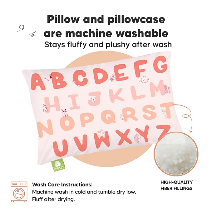 Toddler Pillow with Pillowcase - 13x18 My Little Dreamy Pillow, Organic Cotton Toddler Pillows for Sleeping, Kids Pillow, Travel Pillows,Mini Pillow,Nursery Pillow,Toddler Bed Pillow (KeaABC Sakura)