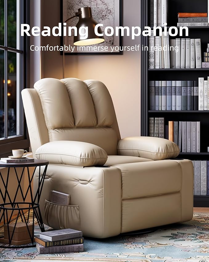 22'' Leather Recliner Chair for Adults, Overstuffed Manual Recliner Chair, Single Sofa with Cup Holder and Side Pockets, Upholstered Chair for Living Rooms, Creamy