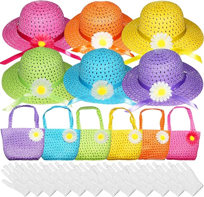 Vegove 6 Pcs Girls Tea Party Straw Hats Country Girl Dress Up with Purse, Gloves & Kits, Children's Summer Beach & Garden Birthday Party Supplies