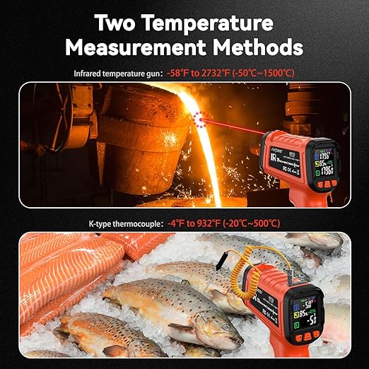 '-58°F to 2732°F Infrared Thermometer Temperature Gun with Thermocouple Probe, 50:1 Laser Temperature Gun for Humidity Measurement, BBQ, AC, High Temp Gun for Engine, Kiln, Forging, Industrial Use