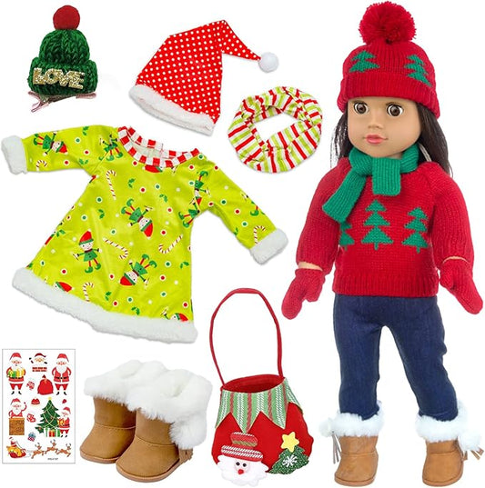 UNICORN ELEMENT 2 Sets Christmas Doll Clothes and Accessories Fit 18 Inch Girl Doll Christmas Santa Costume Including Christmas Dress, Sweater, Hairpin, Hat, Scarf, Boots, etc