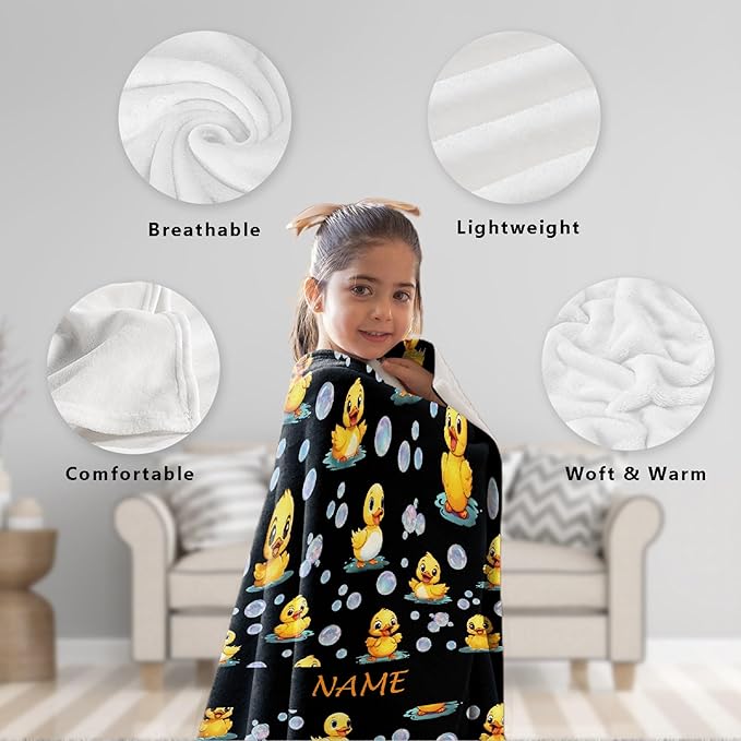 Custom Name Ducks And Bubbles Blanket Adult duck Blanket Kids Funny Blanket Suitable for Bedroom sofa Crib Couch Chair outdoor All Season Items That Yellow Duck Lovers Will Love 90”×120 ”for Family