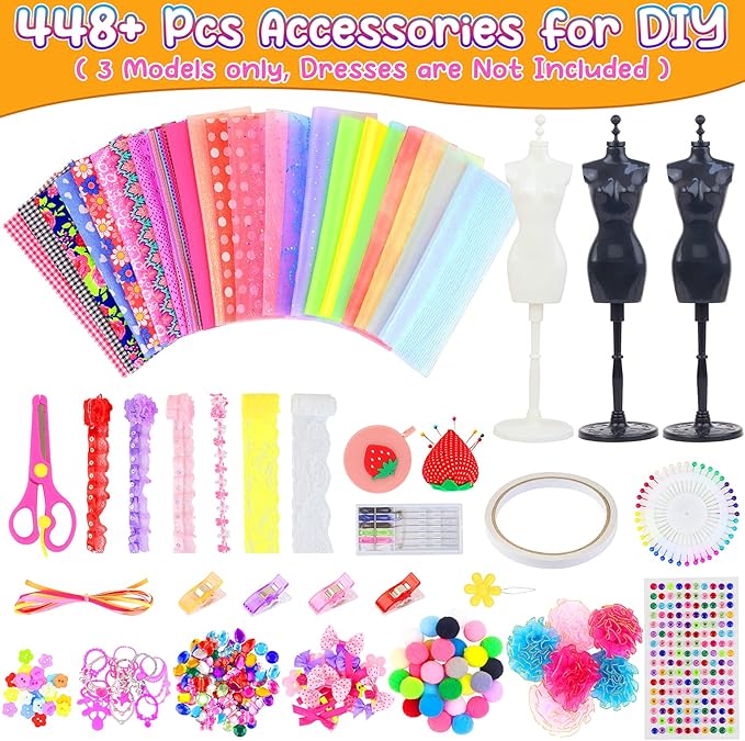 Ecore Fun 448 Pcs Fashion Design Kit for Girls Doll Accessories DIY Set Creativity DIY Arts & Crafts Toys with Mannequins Gift for 6-8 8-12 Year Old Girl