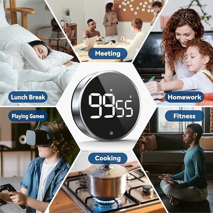 Digital Kitchen Timer, 3.8'' Large LED Display Countdown Countup Timer, Timer for Kids, Classroom Magnetic Timer, Adjustable Volume, Brightness, Easy for Cooking/Study/Office/Exercise (Smooth Knob)