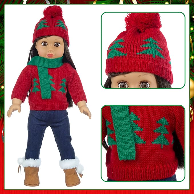 UNICORN ELEMENT 2 Sets Christmas Doll Clothes and Accessories Fit 18 Inch Girl Doll Christmas Santa Costume Including Christmas Dress, Sweater, Hairpin, Hat, Scarf, Boots, etc