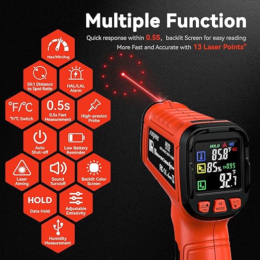 '-58°F to 2732°F Infrared Thermometer Temperature Gun with Thermocouple Probe, 50:1 Laser Temperature Gun for Humidity Measurement, BBQ, AC, High Temp Gun for Engine, Kiln, Forging, Industrial Use
