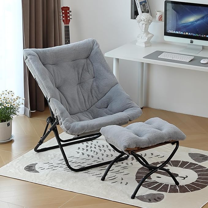 Comfy Saucer Chair with Ottoman, Oversized Folding Faux Fur Chair Soft Furry Lounge Lazy Chair with Metal Frame Moon Chair Accent Chair for Bedroom, Living Room, Dorm Rooms