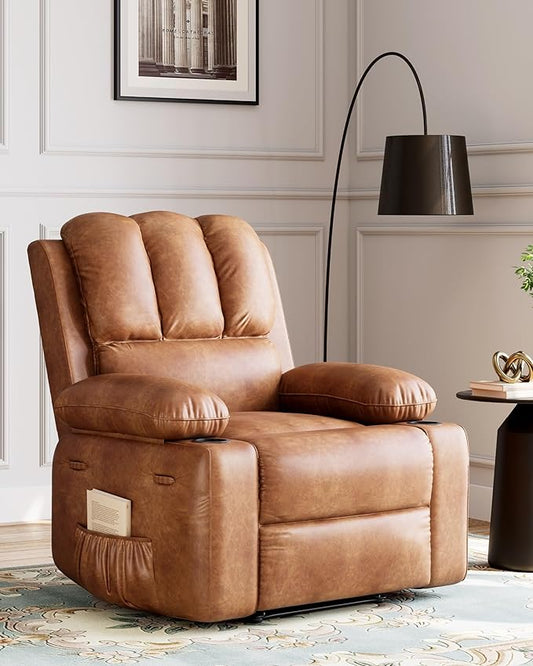 22'' Leather Recliner Chair for Adults, Overstuffed Manual Recliner Chair, Single Sofa with Cup Holder and Side Pockets, Upholstered Chair for Living Rooms, Vintage Leather